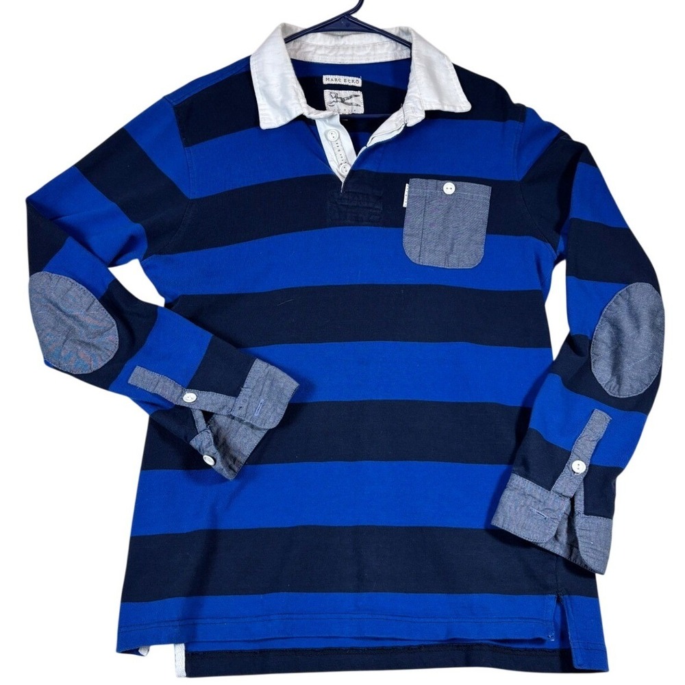 Marc‎ Ecko Cut & Sew Mens Blue Striped Long Sleeve Rugby Shirt Size M RN93536